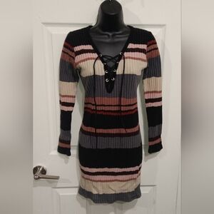 Papaya Striped Lace-Up Sweater Dress
